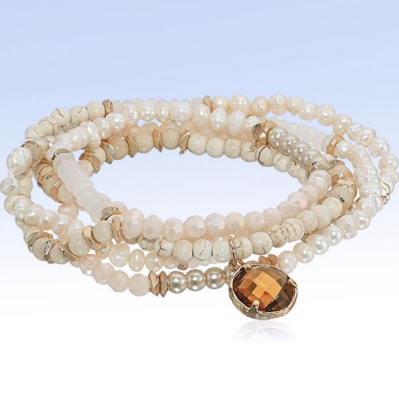 PANACEA Multi-Row Howlite Stone Cultured Pearl & Quartz Beaded Stretch Bracelet - Picture 1 of 1